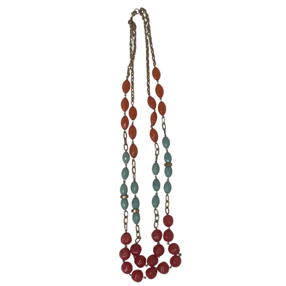 Vtg Double Strand‎ Beaded Necklace Red Orange Blue Gold Tone Chain Spring Easter